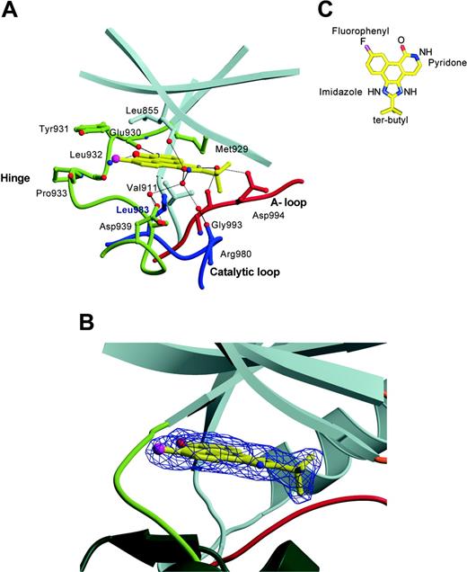 Figure 4. Mode of binding of CMP6 to JAK2 kinase domain. (A) Interactions between CMP6 and JAK2 kinase domain. The side chains of residues that interact with the inhibitor are shown, as are main-chain atoms and water molecules participating in hydrogen bonds. The N-terminal lobe is colored in gray, the hinge region in yellow-green, the activation loop in red, and the catalytic loop in blue. Selected hydrogen bonds are shown as black lines. (B) View of the catalytic cleft of JAK2 bound to CMP6 presented in a ball-and-stick representation and covered with the final 2Fo-Fc electron density map contoured at 1σ. The coloring of the backbone representation is the same as in panel A. (C) Structural formula of CMP6 presented in a ball-and-stick representation.