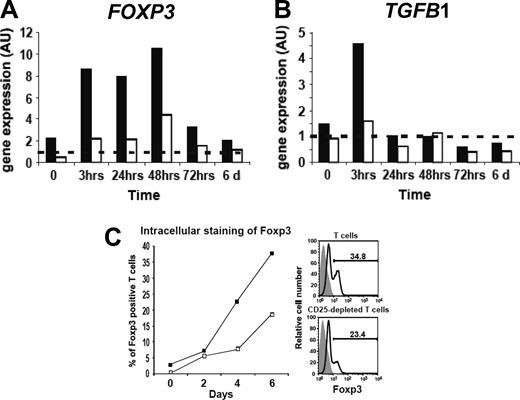Figure 4. Increase of FOXP3 and TGFB1 expression after hT-cell culture can be prevented by initial depletion of CD25+ hT cells. Relative expression of FOXP3 (A) and TGFB1 (B) genes in hT cells (▪) and CD25-depleted hT cells (□) were analyzed by real-time quantitative RT-PCR before culture and at different time points of the culture in the presence of CD3 + IL2. Results from a representative experiment performed in duplicate are expressed in arbitrary units (AU). FOXP3 and TGFB1 gene expressions in calibrator cells (dashed line) were arbitrarily set at 1. (C) Foxp3 protein expression in CD3+ T cells and CD3+ CD25-depleted T cells cultured in the presence of CD3 + IL2. Intracellular staining of Foxp3 was analyzed by flow cytometry in CD3+ gated cells from total cultured T cells (▪) and from CD25-depleted cultured T cells (□) at different time points. One representative curve of 2 separate experiments is shown. Right panels illustrate a typical Foxp3 analysis of T cells and CD25-depleted T cells cultured for 6 days and a negative isotypic control (gray histogram).