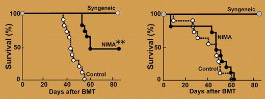 After stem cell transplantation with NIMA-exposed T cells, half the recipients survived (left). They all died after removal of the CD4+CD25+ T cells from the inoculum (right). See the complete figure in the article beginning on page 404.