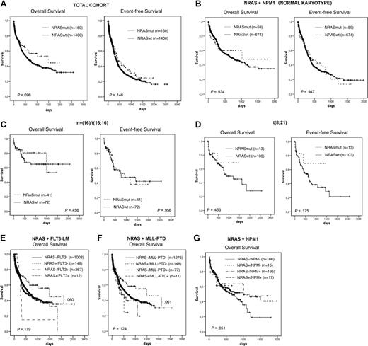 Figure 3. Kaplan-Meier analysis. Total cohort (A) in different cytogenetic (B-D) and molecular genetic (E-G) subgroups.