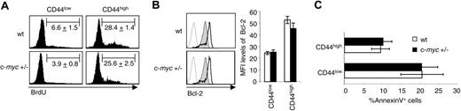 Figure 3. Steady-state proliferation and survival of CD44high CD8 T cells are not affected in c-myc+/– mice. (A) Wt and c-myc+/– littermates were injected intraperitoneally with BrdU, and BrdU was added in drinking water for 15 days. BrdU incorporation was measured for CD44low and CD44high CD8 T cells in the spleen. Numbers indicate the mean percentages ± SD of BrdU+ cells. The results shown are representative of 3 experiments. (B) Intracellular Bcl-2 expression in CD44low (filled histograms) and CD44high (empty histograms) CD8 T cells from wt and c-myc+/– littermates. Isotype control is shown in dotted lines. Bar graphs show the mean fluorescence intensity (MFI) ± SD of Bcl-2 expression in CD44low and CD44high CD8 T cells from wt (white) and c-myc+/– (black) mice. The results shown are representative of 3 experiments, and 3 to 5 mice per group were analyzed in each experiment. (C) After 1 hour of incubation at 37°C, the mean percentage ± SD of Annexin V+ CD44low and CD44high CD8 T cells from wt and c-myc+/– littermates was determined by flow cytometry.