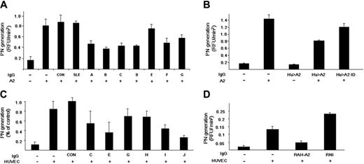 Figure 4. Inhibition of annexin 2 enhancement of plasmin generation by anti–annexin 2 IgG. (A) Plasminogen activation by tPA in a purified protein assay. Initial rates of plasmin generation were calculated as RFU/min2. Results are shown for 3 healthy controls (CON) and 2 SLE patients lacking anti-A2 antibodies (SLE). The effect of individual patient anti-A2–containing IgG on plasmin generation is depicted (A-G). Shown are mean values ± SE (n = 3-10). (B) Effect of anti-A2–depleted IgG on plasmin generation. Plasmin generation was recorded in the presence of A2 alone, patient anti-A2–containing IgG alone (Hu > A2 IgG), both A2 and Hu > A2 IgG, and A2 in the presence of IgG depleted of anti-A2 antibodies (Hu > A2 ID). (C) Effect of patient anti–A2 IgG on HUVEC-based plasmin generation. Human umbilical vein endothelial cells (HUVECs) were preincubated with IgG lacking reactivity against A2 from 2 APS patient samples containing anti-β2GPI and anticardiolipin antibodies (CON), as well as with 6 patient IgG samples containing anti-A2 (C,E,G-J). Results are expressed in relation to the mean value for patient controls (± SEM, n = 3). (D) Effect of rabbit anti–human A2 on tPA-dependent plasmin generation. Initial rates of tPA-induced plasmin generation were recorded in the presence of HUVECs preincubated with medium alone or with rabbit polyclonal anti–human A2 (RAH-A2) or rabbit nonimmune IgG (RNI).