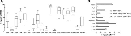 Figure 1. Immunophenotyping of iMDDCs. (A) Box plot representation of the percentage of iMDDCs expressing different cell-surface molecules. The results represent median and interquartile values from 10 different HIV-seronegative donors. (B) Percentages of cells expressing CD40, CD80, CD83, CD86, CD206, and FcγRs on uninfected purified iMDDCs, on iMDDCs cocultured with 15% of autologous PBLs, or on MDDCs after lipopolysaccharide (LPS) maturation was detected. Data are from one representative experiment.