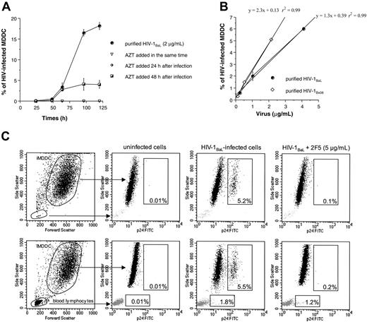 Figure 2. Detection of HIV-1 replication in iMDDCs. (A) Kinetics of iMDDC infection with purified HIV-1BaL (2 μg/mL) were performed under experimental conditions described for the neutralization assay and 10 μM AZT was added at different times (0, 24, and 48 hours) to the cultures. The percentage of infected MDDCs was assessed by measurement of intracellular p24 antigen at different times after infection (up to 120 hours). Results are expressed as mean ± SD of triplicate values. (B) Dose-response between virus input and the percentage of iMDDCs positive for intracellular p24 viral antigen at 64 hours. Linear regression lines and r2 for each HIV-1 primary isolate are represented. Data are from 1 representative experiment of 4 performed independently. (C) Dot plot representation of purified iMDDCs or iMDDCs cocultured with 15% of autologous PBLs. Cells positive for intracellular p24 were detected 64 hours after HIV-1BaL infection in the presence or in the absence of mAb 2F5 at 5 μg/mL. Percentages of infected iMDDCs and autologous PBLs from total cell population are indicated in each box.