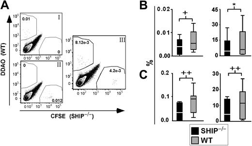 Figure 4. SHIP–/–Sca1+Lin– cells do not home to the BM as efficiently as WT Sca1+Lin– cells. (A) Representative FACS plot of BM from transplant recipients after gating on live cells. (Ai) BM from control recipient 12 to 14 hours after transplantation with 0.5 × 106 WBM stained with 1 μM DDAO. (Aii) BM from control recipient 12 to 14 hours after transplantation with 0.5 × 106 WBM stained with 0.5 μM CFSE. (Aiii) Representative FACS plot of BM from a mouse 12 to 14 hours after transplantation with 2 × 105 SHIP–/–Lin–Sca1+ cells stained with 0.5 μM CFSE and 2 × 105 WT Lin–Sca1+ cells stained with 1 μM DDAO. (B) Left panel shows percentage of dye+ SHIP–/– (▪) or WT(▦) Sca1+Lin– cells found in the recipient BM 12 to 14 hours after transplantation. Right panel shows percentage of SHIP–/– (▪) or WT (▦) Sca1+Lin– cells that trafficked to and were retained in BM of recipients over the total number of cells injected, 12 to 14 hours after transplantation. (C) Left panel shows percentage of stained SHIP–/– (▪) or WT (▦) Sca1+Lin– cells found in the spleen of recipients 12 to 14 hours after transplantation. Right panel shows percentage of SHIP–/– (▪) or WT (▦) Sca1+Lin– cells that reached the spleen of recipients over the total number of cells injected, 12 to 14 hours after transplantation. Significance was established using the stratified Wilcoxon-Mann Whitney test using StatXact (Cytel Software, Cambridge, MA): +P < .05; *P < .01; and ++P < .005 (mean ± SEM; n = 12).