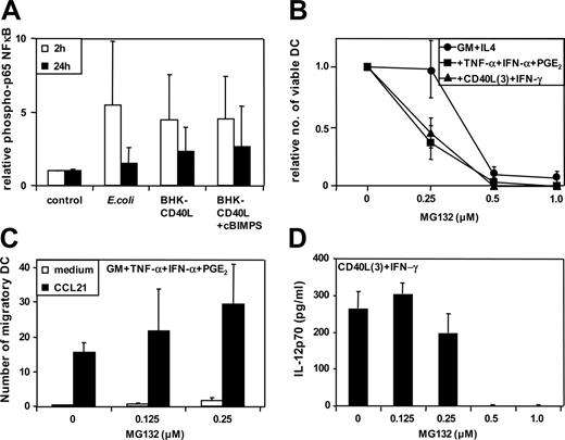 Figure 4. Functional DC profiles are not predicted by the strength and persistence of NFκB signaling pathways. MoDCs were activated using intact E coli and inhibitors added as in Figure 3. (A) Strength of phosphorylation of p65 NFκB. Activation was assessed by quantitative immunoblotting. Data represent the means ± SD of n = 4 separate donors. (B) Relative number of viable MoDCs 36 to 48 hours following activation (no inhibitor = 1). Immature MoDCs were washed and resuspended in culture medium at a concentration of 1 to 3 × 105 cells/mL. Cells were either continued in GM-CSF + IL-4 (immature DCs) or stimulated with GM-CSF + TNF-α + IFN-α + PGE2 or with CD40L trimers + IFN-γ as previously described.2 Supernatants and cells were harvested after 36 to 48 hours, and viability was assessed by trypan blue cell count (means ± SEM of 3 separate donors). (C) Migration toward CCL21 by MoDCs activated with GM-CSF + TNF-α + IFN-α + PGE2 (means ± SEM of 3-6 separate donors). (D) Secretion of IL-12p70 by MoDCs activated with CD40L trimers + IFN-γ (means ± SEM of 3-6 separate donors).