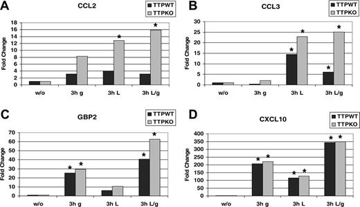 Figure 5. Interferon- and LPS-induced Ttp expression has a suppressive effect on Ccl2 and Ccl3 mRNA production. BMMs derived from TTP wild-type (TTPWT) and deficient (TTPKO) mice were left untreated or treated with IFN-γ(g), LPS (L), or both (L/g) for 3 hours. Total RNA was extracted and the induction of Ccl2 (A), Ccl3 (B), Gbp2 (C), and Cxcl10 (D) genes was detected by real-time RT-PCR using Taqman assays from Applied Biosystems. To obtain mRNA induction, qRT-PCR values were normalized to those of untreated cells. *P < .05, treated versus untreated cells by univariate linear regression models.