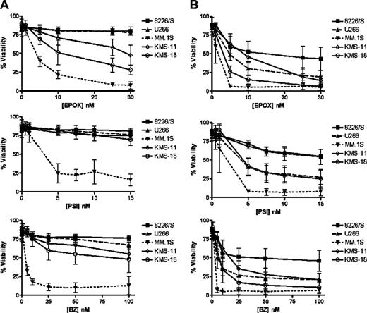 Figure 1. Different multiple myeloma cell lines have different levels of sensitivity to proteasome inhibitors. Five different human multiple myeloma cell lines were cultured for 12 (A) and 24 (B) hours in increasing concentrations of the proteasome inhibitors epoxomycin (EPOX), PSI, and Bortezomib (BZ). Cell viability was determined by flow cytometry following Annexin V–FITC and propidium iodide staining. The data are presented as the mean ± SD from at least 3 independent experiments.