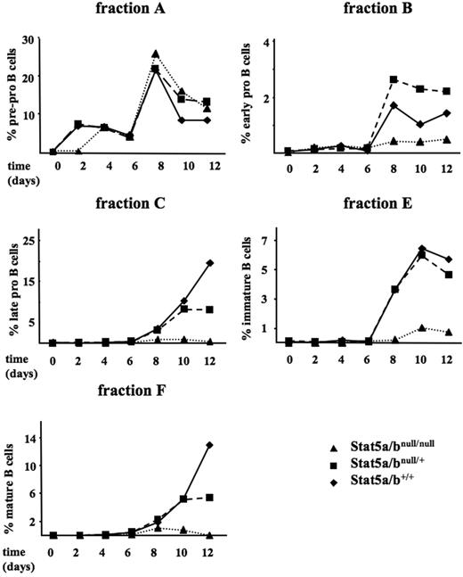 Figure 4. B-cell development is arrested at the pre–pro-B-cell stage in Stat5a/bnull/null fetal liver–derived cultures. Fetal livers of 2 embryos of each genotype were pooled (ED 14) and cocultivated on an OP-9 fibroblast feeder layer in the presence of IL-7, Flt-3L, and SCF (10 ng/mL each). Outgrowth of pro-B-cell stages (fractions A-C), immature (fraction E), and mature (fraction F) B cells over a 12-day period is depicted.