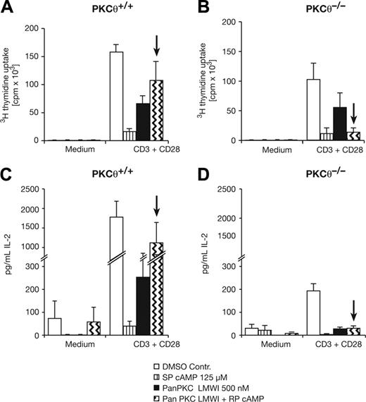 Figure 6. Proliferation and IL-2 secretion in cotreatment conditions in wild-type and PKCθ–/– T cells. (A-B) Proliferative response and (C-D) IL-2 production of purified mature CD3+ T cells in the presence of inhibitors as specified. The panPKC LMWI reduces the proliferation of wild-type but not PKCθ–/– T cells significantly (P < .05), whereas the IL-2 production is significantly reduced in both genotypes. Cells were left unstimulated or were stimulated with anti-CD3 (precoated at a concentration of 10 μg mL–1) plus soluble anti-CD28 (1 μg mL–1) as indicated. Arrows mark the rescue result occurring in wild-type PKCθ+/+ (significantly in the IL-2 assay; P = .037) but not PKCθ–/– T cells. Results shown are the mean ± SD of at least 3 independent experiments.