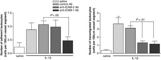 Figure 4. Effect of anti–ICAM-2 mAb (3C4) and anti–ICAM-1 mAb (YN-1) on leukocyte responses in IL-1β–stimulated murine cremasteric venules as observed by intravital microscopy. Animals were treated with saline or IL-1β (50 ng per animal) intrascrotally 4 hours before the surgical preparation. In additional groups of mice, animals were pretreated with intravenous mAbs 3C4 or YN-1 or an isotype-matched control mAb, all at the dose of 3 mg/kg, 15 minutes before the intrascrotal injection of IL-1β. The data represent mean ± SEM from 2 to 8 mice per group. *P < .05 and **P < .01 versus responses obtained from saline-injected animals. Additional statistical comparisons are indicated by lines.