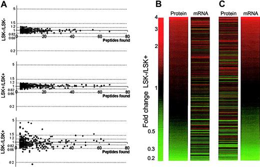 Figure 2. Overview of proteomic and transcriptomic data. (A) Scatter plots examining the reproducibility of the iTRAQ quantitation procedure on stem cells. Top and middle panels show plotted ratios from proteins using the internal duplicates LSK–/LSK– and LSK+/LSK+, respectively, from one experiment. No ratios are seen greater than 1.2-fold, giving confidence in the cut-off value chosen. The bottom panel shows plotted ratios from proteins for one of the LSK–/LSK+ datasets, clearly demonstrating differences in the protein expression profiles between the 2 cell types. (B,C) Expression profiles of LSK– cells versus LSK+ cells. Panel B shows fold changes in 704 proteins in rank order between LSK– and LSK+ cells alongside corresponding expression ratios for transcripts of these proteins obtained by microarray analysis. Panel C shows the same expression data, sorted in rank order of fold change in the mRNA level, alongside corresponding protein expression ratios.