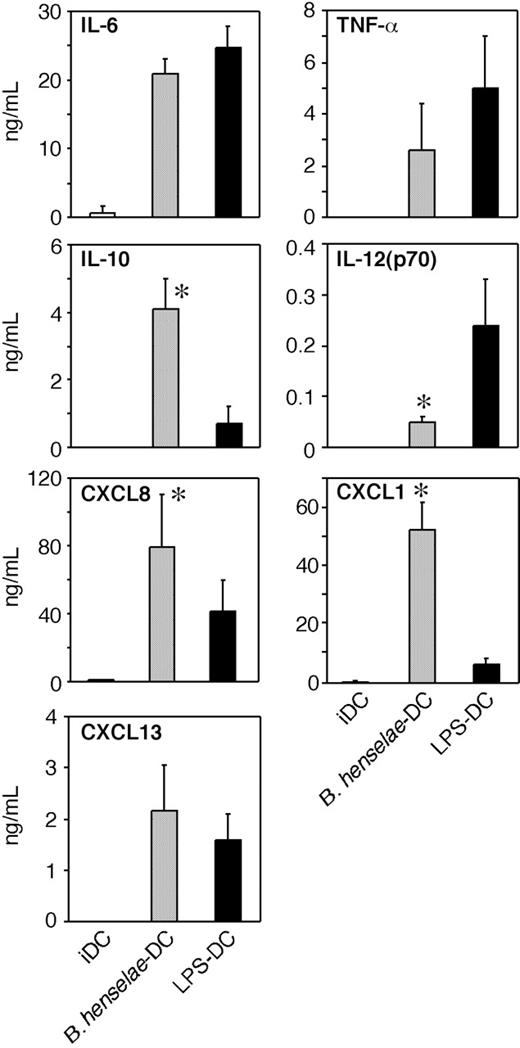Figure 3. Cytokine and chemokine production by B henselae–infected DCs. Immature DCs untreated (iDCs), infected with B henselae (B. henselae–DCs), or treated with 100 ng/mL LPS (LPS-DCs), were cultured for 24 hours. Supernatants were collected and tested for indicated cytokine and chemokine production by specific ELISA. Data are the average determination ± SD of 4 independent experiments. *Statistical difference as assessed by statistical analysis (P < .05).
