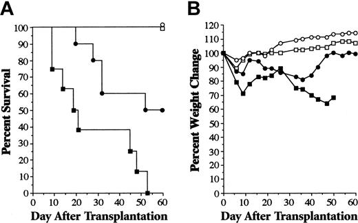 Figure 5. Administration of PS-1145 early after transplantation protects mice from lethal GVHD. Lethally irradiated (1000 cGy) B6 mice underwent transplantation with TCD B10.BR BM alone or with B10.BR spleen cells adjusted to yield a dose of 4 × 106 T cells. Mice that received transplanted TCD BM only were untreated (□, n = 8) or were administered PS-1145 (50 mg/kg, days 0-2) (○, n = 5). Animals that received transplanted TCD BM plus B10.BR T cells were also left untreated (▪, n = 8) or were administered PS-1145 (•, n = 10) on days 0-2. (A) Survival percentages. (B) Weight loss percentages. Data are cumulative results from 2 experiments.