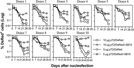 Figure 2. Stable transgene expression in human primary PBLs by the SB transposon cis construct. Freshly isolated PBLs (5 × 106) were nucleofected at concentrations of 10 or 5 μg trans vector pT2/DsRed or cis vector pT2/DsRed//-SB10 using the T-cell Nucleofector kit (Amaxa, Gaithersburg, MD). On day 1 or 2 after nucleofection, a fraction of cells was analyzed for DsRed expression by flow cytometry, and the remaining cells were stimulated with anti-CD3/28 beads for 3 to 5 days. After removal of beads, the cells were cultured in human T-cell medium with IL-2 (50 IU/mL) and IL-7 (10 ng/mL). DsRed transgene expression was analyzed at the indicated time points by flow cytometry. The cells were restimulated once every 10 to 14 days. The data from 10 individual PBLs are shown.