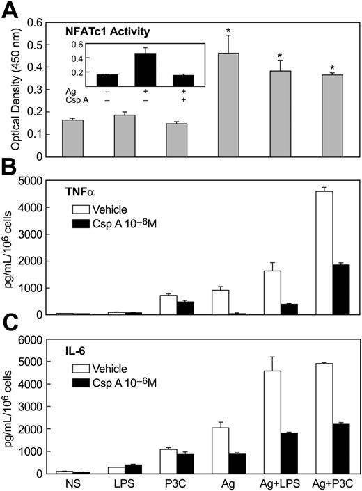 Figure 7. Activation of NF-AT by antigen and inhibitory effects of cyclosporine-A on NF-AT activation and production of cytokines. IgE-primed MC/9 cells were stimulated or not (NS) in complete growth medium for 30 minutes for measurement of NF-AT oligonucleotide-binding activity (A) or for 3 hours for measurement of TNFα (B) and IL-6 (C). Stimulants included 100 ng/mL LPS, 1 μg/mL P3C, and 20 ng/mL antigen (Ag), alone or in combination. Where indicated, cultures were incubated with 1 μM cyclosporine A (CsA) for 60 minutes before addition of stimulants. The values are the mean ± SEM of 3 cultures. Identical results were obtained in 2 other experiments.