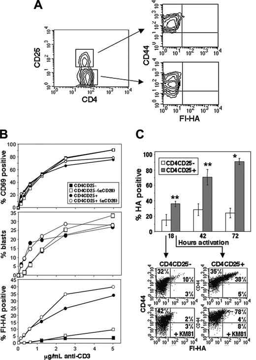 Figure 2. CD44act is preferentially expressed on CD4CD25+ Treg cells after activation. (A) Absence of CD44act expression on resting CD4CD25+ and CD4CD25– T cells. (B) Kinetics of activation marker expression on CD25+ and CD25– CD4 T cells. CD4 cells were separated into CD4CD25+ and CD4CD25– fractions and activated at 1 × 106 cells/well with increasing concentrations of plate-bound anti-CD3 with (open) or without (closed) 5 μg/mL anti-CD28. The percentage of CD69+ cells (top) and blast-positive cells (by scatter, middle) are nearly indistinguishable between populations, whereas the percentage of Fl-HA–binding cells differs significantly between CD4CD25+ and CD4CD25– for both treatments (bottom; P ≤ .01, Wilcoxon test). (C) CD44act expression on CD4CD25+ versus CD4CD25– cells after 18-, 42-, and 72-hour activation with 5 μg/mL plate-bound anti-CD3/anti-CD28. Data shown are the mean ± SD from 3 independent experiments (*P ≤ .001; **P ≤ .01). FACS analyses from a representative experiment are shown below for the 18-hour time point with and without the HA-blocking anti-CD44 antibody, KM81.