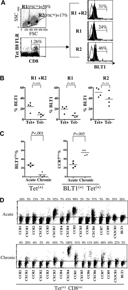 Figure 7. BLT1 surface expression is increased on EBV-specific CD8+ T cells during acute EBV infection. (A) Scatter and lymphocyte gates showing increased numbers of circulating activated blasts (top left panel) and increased surface BLT1 expression on tetramer+ EBV-specific CD8+ T cells (bottom left panel) during acute EBV infection in R1 (FSClo), R2 (FSChi), and total (R1+R2) lymphocyte gates (right panel) in a representative sample. (B) BLT1 surface expression is significantly enriched on total and FSClo small lymphocyte-gated EBV-specific tetramer-positive CD8+ T cells (n = 4). (C) BLT1 surface expression is increased on tetramer+ EBV-specific CD8+ T cells during acute symptomatic EBV infection compared with the chronic phase of infection in healthy asymptomatic donors (P < .001); more Tet+ CD8+ BLT1+ T cells re-express CCR7 in chronic compared with acute infection. (D) Tetramer+ EBV-specific CD8+ T cells were gated on to compare surface chemoattractant receptor expression profile of EBV-specific HLA-B8–restricted QAK tetramer+ CD8+ T cells during acute infection (top panel), and EBV-specific HLA-B8–restricted RAK tetramer+ CD8+ T cells during the latent or chronic phase of infection (bottom panel). These data are representative of at least 3 donors.