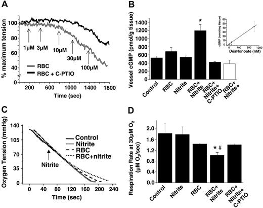 Figure 2. Nitrite metabolism by deoxygenated RBCs stimulates NO-dependent vasodilation and inhibition of mitochondrial respiration. (A) Representative vessel tension traces showing rat RBCs (0.3% HCT) and nitrite-dependent vasodilation at 25 mmHg oxygen in the presence (black) and absence (gray) of 200 μM C-PTIO. Arrows indicate the times and concentrations of nitrite added. (B) Changes in cGMP in rat thoracic aorta treated as indicated for 10 minutes at 25 mmHg oxygen (▪) or 600 mmHg oxygen (□). Final concentrations were nitrite 3 μM, rat RBCs 0.3% HCT, and C-PTIO 200 μM. *P < .01 relative to control and nitrite alone; *P < .05 relative to RBCs alone (n = 3). (inset) To estimate the amount of NO produced by RBC/nitrite, a calibration curve was determined for increased vessel cGMP in response to increasing concentrations of the NO donor, DeaNonoate, at 25 mmHg oxygen. In a concentration-dependent manner, NO increased cGMP, which was inhibited by C-PTIO (○). Specifically, 100 nM DeaNonoate increased cGMP from 526.3 ± 46 pmol/g to 5602.6 ± 1340 pmol/g in the absence of C-PTIO and to 653 ± 97.9 nM in the presence of C-PTIO (values represent mean ± SEM). Using this curve, an estimated 20 nM NO was produced by RBCs (0.3% HCT) and nitrite (3 μM) over 10 minutes. (C) Representative traces of oxygen concentration as a function of time for mitochondria in state 3 respiration (black line) in the presence of 20 μM nitrite (gray line), 0.3% HCT RBCs (dashed line), or RBCs and nitrite (dotted line) are shown. Respiratory substrates were added to oxygen electrode chamber containing mitochondria and RBCs. The arrow indicates the time of nitrite addition. (D) Respiration rate measured at 30 μM oxygen. Inhibition of respiration by RBCs + nitrite was completely reversed by C-PTIO, consistent with NO formation. C-PTIO had no effect alone (not shown), and neither did RBCs alone. *P < .001 relative to RBCs alone. #P < .002 relative to RBCs + nitrite + PTIO (n = 3).