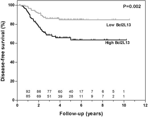 Figure 3. Disease-free survival according to BCL2L13 expression in pediatric ALL. The disease-free survival (DFS) of patients was estimated according to a Kaplan-Meier plot among 190 patients of the COALL/DCOG study cohort. Patients were grouped according to their expression of BCL2L13 (ie, expression higher than (black line) or lower than (gray line) the median).