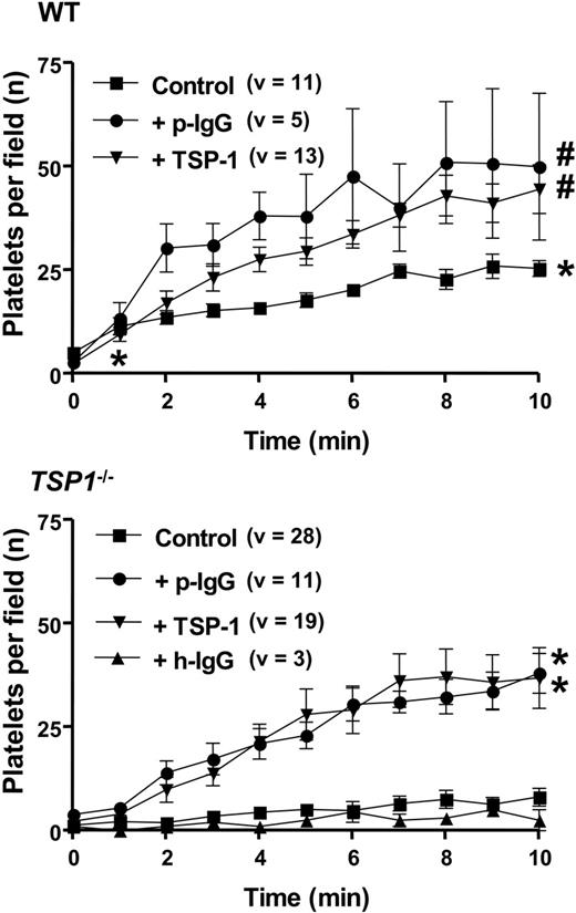Figure 3. Kinetics of platelet adhesion on A23187-stimulated mesenteric blood vessels. Mean number (± SEM) of firmly adhering platelets after start of A23187 stimulation of mesenteric endothelium as a function of time upon injection with homologous calcein-labeled platelets in WT (WT) and Tsp1-null mice (Tsp1-/-) in nontreated controls (Control) and in mice treated with irrelevant human IgG (23 mg/kg + 23 mg/kg/h; h-IgG), anti-ADAMTS13 IgG (23 mg/kg + 23 mg/kg/h; p-IgG), and human TSP-1 (80 μg/kg + 80 μg/kg/h); number of mice varied from 1 (h-IgG treatment) to 5 (Tsp1-treated TSP-1-null mice); v indicates number of vessels analyzed; P values were calculated via nonparametric Mann-Whitney test, with 2-tailed P-value (*P < .001 vs Tsp1-/- Control analyzed at minutes 1 and 10, respectively; #P < .05 vs WT Control, analyzed at minute 10).