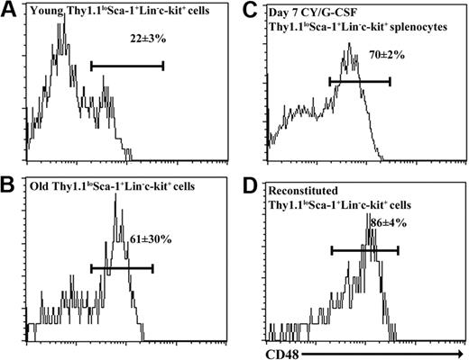 Figure 1. CD48 is heterogeneously expressed by Thy-1lowSca-1+Lineage-c-kit+ cells from young, old, cyclophosphamide/G-CSF-mobilized, and reconstituted mice. Cells were derived from bone marrow in each case except mobilized mice in which they were obtained from the spleen.