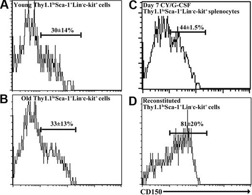 Figure 2. CD150 is heterogeneously expressed by Thy-1lowSca-1+Lineage-c-kit+ cells from young, old, cyclophosphamide/G-CSF-mobilized, and reconstituted mice. Cells were derived from bone marrow in each case, except mobilized mice in which they were obtained from the spleen.