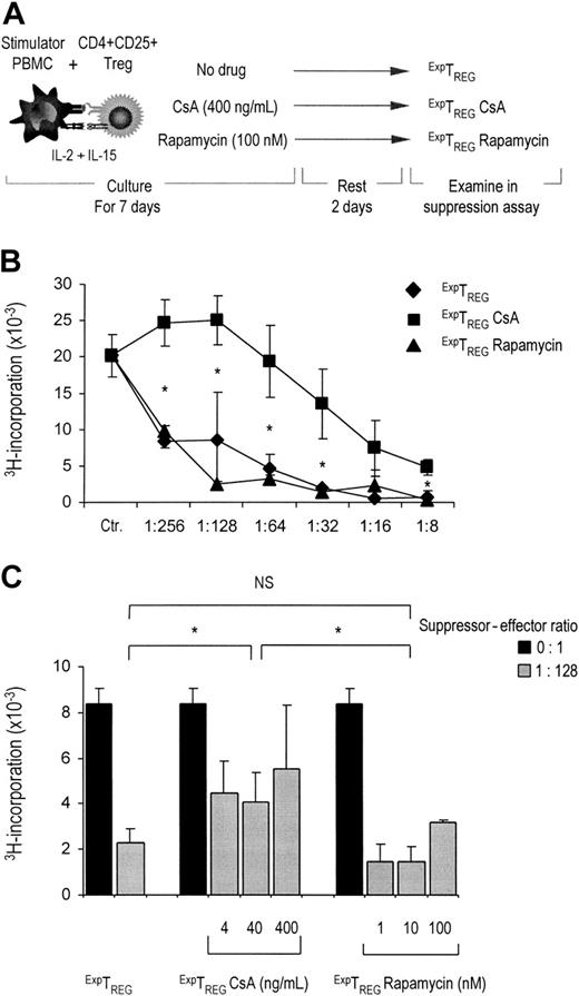 Figure 3. Rapamycin fosters regulatory function of expanded CD4+CD25+ T cells. (A) Schematic representation of CD4+CD25+ T-cell expansion culture. (B) Freshly isolated CD4+CD25+ T cells (2.5 × 104) were stimulated with 1 × 105 γ-irradiated (30 Gy) HLA-mismatched stimulator PBMCs and additional IL-2 and IL-15, in the absence or presence of CsA and rapamycin. CsA and rapamycin were added at the start of the cultures at indicated concentrations. Cells were harvested at day 7, washed 3 times, and rested. At day 10, the cells were examined for suppressor function in coculture assays. ExpTREGs derived from control (untreated), CsA-treated, and rapamycin-treated cultures were cocultured at the indicated suppressor-to-effector ratios (x axis) using 5 × 104 responder CD4+CD25- effector T cells and 5 × 104 γ-irradiated (30 Gy) stimulator PBMCs. Proliferation at day 5 of culture as measured by 3H-thymidine incorporation is shown on the y axis. One representative experiment is shown (n = 6). *P < .05 for difference between groups. (C) CD4+CD25+ T cells were cultured as described for panel B. CsA and rapamycin were added at the start of primary MLR at indicated concentrations (x axis). Cells were harvested at day 7, washed, rested, and cocultured at a suppressor-to-effector ratio of 1:128 with 5 × 104 responder CD4+CD25- T cells and 5 × 104 γ-irradiated (30 Gy) stimulator PBMCs (). Control cultures were performed without the addition of suppressor cells (▪). Proliferation at day 5 of culture, as measured by 3H-thymidine incorporation, is shown on the y axis. One representative experiment of 3 independent experiments is shown. Because of small sample sizes, the conditions in which treated cells were used were grouped together, resulting in 3 groups: untreated cells, CsA-treated cells, and rapamycin-treated cells. *P < .01 for difference between groups. NS indicates not significant.