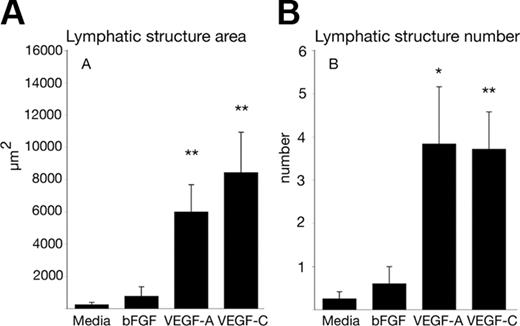 Figure 2. VEGF-A and VEGF-C, but not bFGF, promote the formation of lymphatic vascular structures in embryoid bodies. EBs were cultured for 14 days in 15% FBS-containing media. At day 14, VEGF-A (20 ng/mL; n = 6), VEGF-C (200 ng/mL; n = 7), or bFGF (20 ng/mL; n = 5) were added or not added (controls, n = 8) for 4 days. EBs were stained for CD31 and Prox-1. (A) Average area occupied by lymphatic vessels per EB. (B) Average number of lymphatic vessels per EB. Data represent mean ± SEM. *P < .05; **P < .01.