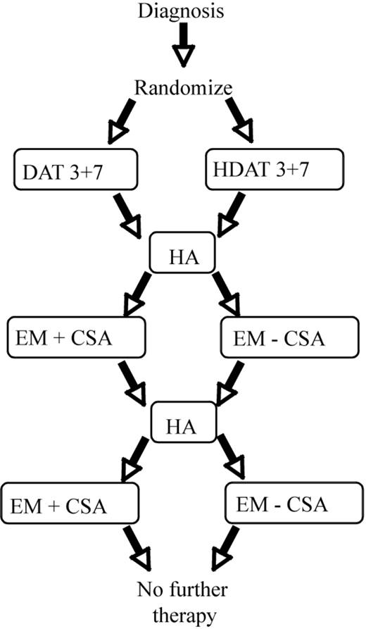 Figure 1. Chemotherapy regimens. DAT 3 + 7 indicates daunorubicin 45 mg/m2 intravenous push (over 15 minutes) on days 1, 2, and 3; Ara-C 100 mg/m2 continuous 24-hour intravenous infusion on days 1-7 (168 hours); and thioguanine 100 mg/m2 by mouth, single daily dose on days 1-7. HDAT 3 + 7 indicates daunorubicin 45 mg/m2 intravenous push (over 15 minutes) on days 1, 2, and 3; Ara-C 1 g/m2 intravenous 1-hour infusion every 12 hours for 7 days (14 doses); and thioguanine 100 mg/m2 by mouth, single daily dose on days 1-7. HA indicates Ara-C 1 g/m2 intravenous 1-hour infusion every 12 hours for 5 days (10 doses). EM - CSA indicates etoposide 100 mg/m2 intravenous 45 minutes-1 hour infusion on days 1-5 and mitoxantrone 10 mg/m2 intravenous 30-minute infusion on days 1-4. EM + CSA indicates etoposide 100 mg/m2 intravenous 45 minutes-1 hour infusion on days 1-5; mitoxantrone 10 mg/m2 intravenous 30-minute infusion on days 1-4; and CsA 10 mg/kg intravenous 2-hour loading dose followed by 30 mg/kg continuous infusion for 98 hours (total 100 hours).