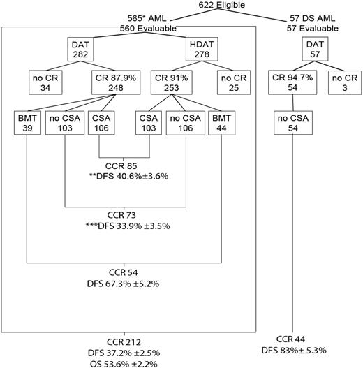 Figure 2. Distribution and outcome of patients. *5 patients withdrawn in less than 14 days of treatment; **12 patients received nonprotocol BMT; ***7 patients received nonprotocol BMT.