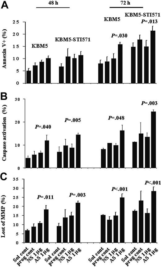 Figure 6. Apoptosis in KBM5 and KBM5-STI571 cells treated with Sur-AS-ODN. Apoptotic-cell death was measured by annexin V (A), CaspaTag (B), and CMXRos/MTGreen (C) staining at 48 and 72 hours. Sol cont indicates solution T control; prog cont, nucleofection program K17 control; NS, Sur-NS-ODN control; AS, Sur-AS-ODN.