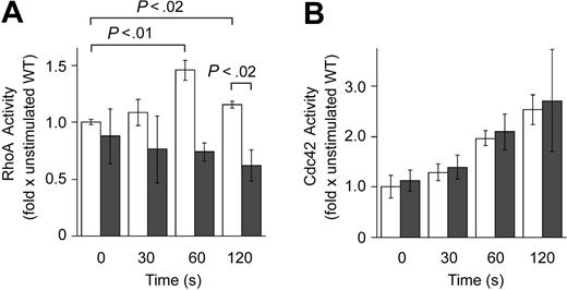 Figure 6. Lsc is required for normal RhoA activity in formyl-peptide–stimulated neutrophils. (A) RhoA activity (activated RhoA/total RhoA) was measured in suspended WT and Lsc KO neutrophils incubated with 10 μM fMLP for the indicated times. Data are the mean RhoA activity ± SEM normalized to the RhoA activity of unstimulated WT neutrophils from 3 independent experiments. Formyl-peptide stimulation increases RhoA activity in WT neutrophils. Formyl-peptide–stimulated RhoA activity is decreased in Lsc KO neutrophils compared with WT neutrophils. (B) Cdc 42 activity (activated Cdc42/total Cdc42) is similar in suspended WT and Lsc KO neutrophils incubated with 10 μM fMLP for the indicated times. Data are the mean Cdc42 activity ± SEM normalized to the Cdc42 activity of unstimulated WT neutrophils from 2 independent experiments. □ indicates WT; ▪, KO.
