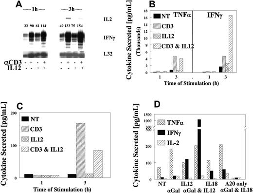Figure 3. IL-12 synergy with TCR on NKT cells. Highly purified NKT cells were sorted from untreated liver lymphocytes (CD3+, NK1.1+), then expanded for 4 to 5 days in IL-2. Cells were evaluated for synergy, as described, using anti-CD3. IFN-γ mRNA (A) or cytokines TNFα and IFN-γ (B) or IL-2 (C) were measured in 1- and 3-hour supernatants, respectively (B-D). Values are representative of 3 experiments. (D) Liver NKT cells were obtained from untreated B6 mice and stimulated with the specific ligand αGalCer after loading into a CD1d-positive cell line A20. Cells were evaluated for synergy of cytokine production with IL-12 and αGalCer at 3 hours. TNFα, IFN-γ, or IL-2 was measured in 3-hour supernatants. Values are representative of 3 experiments.