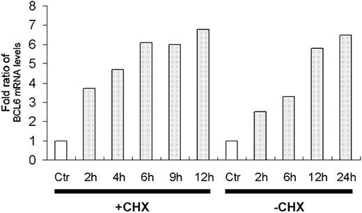 Figure 1. BCL6 is a primary target of p53. H1299 cells expressing the ts-p53Val135 were used to identify p53 target genes. The mRNA levels were determined using DNA microarrays and the ratios were calculated by dividing the expression level at each time point by that of the respective control cells. Ctr indicates control cells of H1299 devoid of p53 after 2 hours at 32°C; h, number of hours after shifting the temperature to 32°C; +CHX/-CHX, presence or absence, respectively, of exposure to 10 μg/μL cycloheximide 30 minutes prior to temperature shift to 32°C. □ indicates control.
