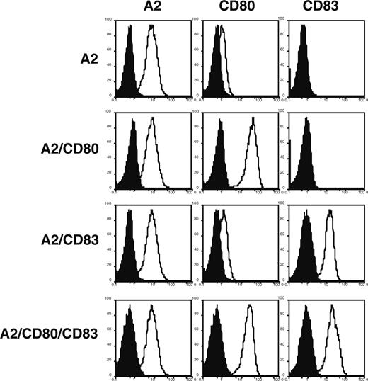 Figure 3. Expression profiles of A2, CD80, and CD83 molecules on K562-derived stable cell lines coexpressing A2 with either CD80, CD83, or both CD80 and CD83. K562-derived stable transfectants were analyzed by flow cytometry with specific antibody (open curve) and an isotype control (filled curve) coupled to the appropriate chromophore. Note that there is a dim expression of endogenous CD80 on K562 cells.