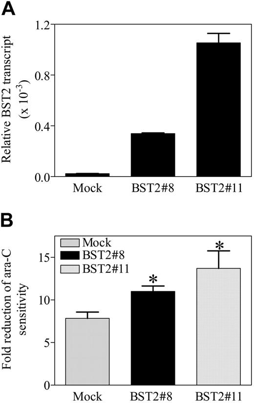 Figure 7. Functional activity of the BST2 gene in transfected CMK sublines. (A) The coding cDNA of BST2 gene was amplified by PCR and subcloned into a mammalian expression vector, pcDNA3. The BST2 construct was stably transfected into the DS AMkL cell line, CMK. Overexpression of BST2 in 2 of the stable clones was confirmed by real-time RT-PCR. (B) Protection of BST2 stable clones from ara-C-induced apoptosis by bone marrow stromal cells, HS-5, determined with annexin-FITC on an Epics-XL MCL flow cytometer, as described in “Materials and methods.” Error bars indicate standard error of 3 independent experiments. *Statistically significant difference (P < .005).