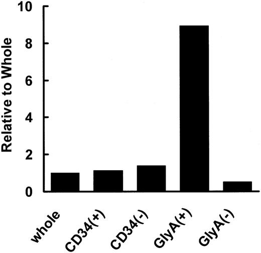 Figure 1. Expression of hCAT1 mRNA in human cord blood cells. Nuclear cells were isolated from cord blood cells. The specific primers described under “Materials and methods” were used for determining expression of hCAT1 in whole cells, CD34+ cells, CD34- cells, glycophorin A+ cells, and glycophorin A- cells. Data are presented as ratios with respect to whole (nonfractionated) cells.