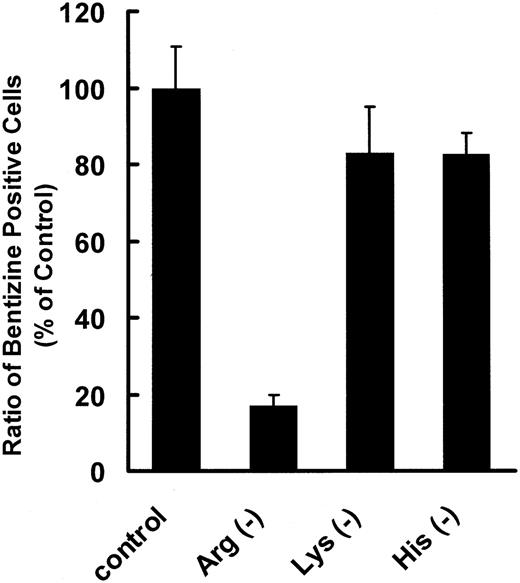 Figure 5. Effect of cationic amino acid deprivation in the medium on differentiation of K562 cells stimulated with sodium butyrate. K562 cells were seeded in 12-well plates at a density of 1 × 105 cells/mL and incubated in culture medium deprived of l-arginine, l-lysine, or l-histidine for 96 hours. Data are shown as the ratio of benzidine-positive cells with respect to that in complete medium stimulated with sodium butyrate as a control. Data represent means of 3 experiments, and error bars indicate SE.