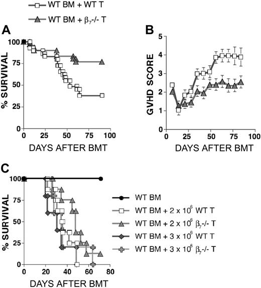 Figure 1. Recipients of β7-/- donor T cells have less GVHD mortality and morbidity. (A) Lethally irradiated (1300 cGy) B10.BR recipients underwent transplantation with 5 × 106 WT TCD BM and either 1 × 106 WT (□) or β7-/- (▴) splenic T cells. Survival from 3 combined experiments (n = 30) is depicted as a Kaplan-Meier curve. Statistical analysis: ▴ versus □ (P = < .04). (B) Clinical GVHD score curve is shown for mice (A), again representing 3 combined experiments (n = 30), where □ versus ▴ (P = .023). (C) Lethally irradiated (1300 cGy) B10.BR recipients underwent transplantation with 5 × 106 WT TCD BM only and 2 × 106 WT (□) or β7-/- (▴) splenic T cells or 3 × 106 WT (♦) or β7-/- (+) splenic T cells. Statistical analysis: ▴ versus □ (P = NS), ♦ versus + (P = NS). TCD BM only group (n = 4), 2 × 106 WT or β7-/- T cells group (n = 8), 3 × 106 WT or β7-/- T cells group (n = 5).