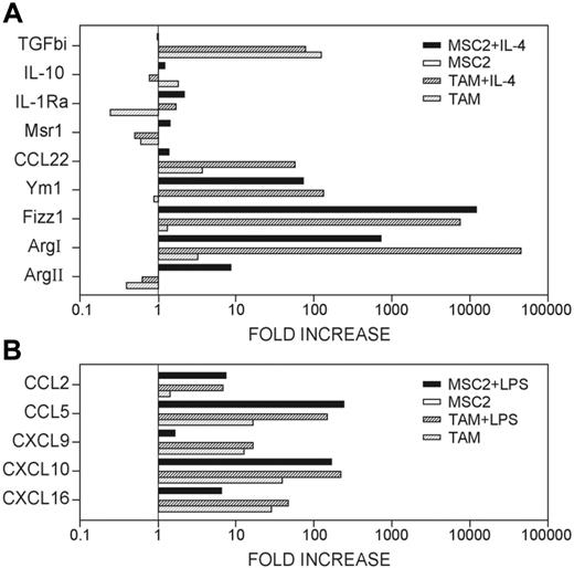 Figure 6. Expression of M2- and M1-associated molecules by TAMs and MSCs. (A) RNA from untreated and IL-4-treated TAMs or untreated and IL-4-treated MSC-2 cells was used for real-time PCR analysis corresponding to the indicated genes. (B) RNA from untreated and LPS-treated TAMs or untreated and LPS-treated MSC-2 cells was analyzed by real-time PCR for the mRNA expression of the indicated genes. Results are given as fold increase in mRNA expression with respect to that in untreated MSC-2 cells. Data were normalized to expression of actin gene and representative of 3 independent experiments done in triplicate.
