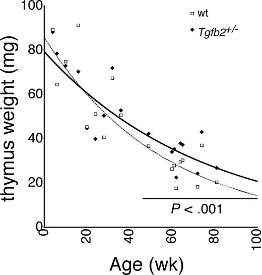 Figure 2. Thymic involution in Tgfb2+/- mice. Thymus weight in Tgfb2+/- mice and wt littermates at various ages. Each pair of data points represents the average of 2 to 4 Tgfb2+/- and wt members of a litter.