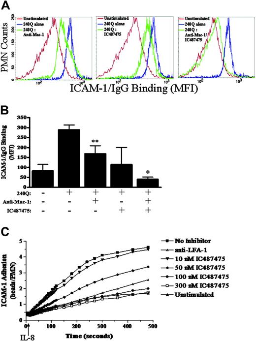 Figure 1. Allosteric inhibition of LFA-1 binding to ICAM-1. (A) Neutrophils were preincubated with Fc fragments (all samples), anti-Mac-1 (2LPM19c), and IC487475, as indicated. ICAM-1/IgG-Alexa-488 was then added to neutrophil suspensions and was followed immediately by activation with mAb 240Q. Cells were fixed and analyzed by flow cytometry. Fluorescence histograms are representative of the average population response from 4 separate experiments. (B) Data represent the mean ± standard error of the mean (SEM) from 4 separate experiments, as described in panel A. *Significance compared with mAb 240Q + anti-Mac-1 (P < .05). **Significance compared with mAb 240Q (P < .05). (C) Isolated human neutrophils were incubated over a dose range with IC487475 or TS1/22. Suspensions were then activated with IL-8 and immediately analyzed by FACScan flow cytometry for binding of ICAM-1/IgG-coated latex beads (approximately 25 sites/μm2). Data are representative of the average response from 4 separate experiments.
