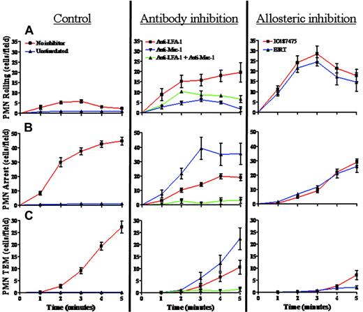 Figure 4. Kinetics of neutrophil rolling, arrest, and transmigration on inflamed endothelium. Isolated human neutrophils were incubated with IC487475, BIRT, TS1/22, 2LPM19c, or vehicle, as indicated. Neutrophil suspensions were then perfused into a parallel-plate flow chamber over IL-1β activated or unstimulated control HUVEC monolayers at a shear stress of 2 dyne/cm2. (A) The number of rolling neutrophils, defined as those moving more than 1 cell diameter in 30 seconds, was quantitated in a field of view every minute throughout the interaction. Data represent the mean ± SEM from 5 to 10 separate experiments. (B) The number of adherent neutrophils, defined as those moving less than 1 cell diameter in 30 seconds, was quantitated in a field of view every minute throughout the interaction. Data represent the mean ± SEM from 5 to 10 separate experiments. (C) The number of transmigrated neutrophils was quantitated in a field of view every minute throughout the interaction. Data represent the mean ± SEM from 5 to 10 separate experiments.