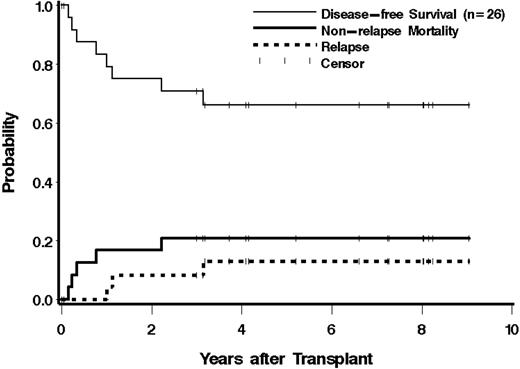 Figure 3. Estimates of the probability of DFS, NRM, and relapse among patients with intermediate-risk cytogenetics who received a therapeutic dose of 131I-BC8 antibody, followed by BU/CY.