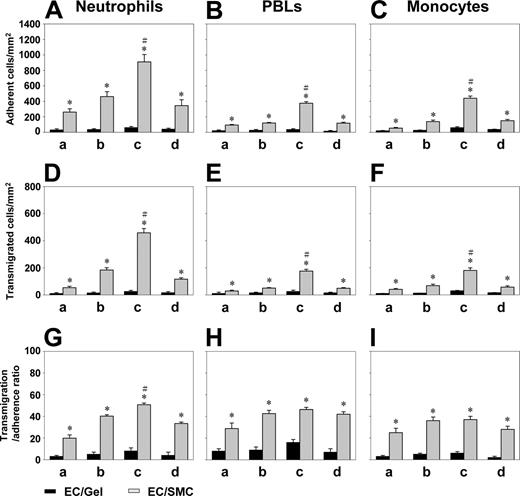 Figure 2. Coculture of ECs with SMCs increased the adhesion of neutrophils, PBLs, and monocytes and their subsequent transmigration under VSF, especially in the vicinity of flow reattachment. ECs were seeded on the collagen gel in the absence (EC/Gel) or presence (EC/SMCs) of SMCs. Purified neutrophils (A,D,G), PBLs (B,E,H), or monocytes (C,F,I) were perfused over the EC monolayers for 20 minutes under the VSF, and their adhesion (A-C) to and transmigration (D-F) across the EC monolayer were counted in each of the areas a, b, c, and d, as described in “Materials and methods.” The transmigration-adherence ratio (G-I) was calculated from the numbers of transmigrated cells relative to adherent cells. As positive controls, EC/Gel and EC/SMC treated with IL-1β (5 ng/mL) for 4 hours caused increases in WBC adhesion and transmigration (data not shown). Data are expressed as mean ± SEM from 3 independent experiments. *P < .05 versus control EC/Gel in the same area. #P < .05 for comparing area c with areas a, b, and d (P < .05 for each comparison).