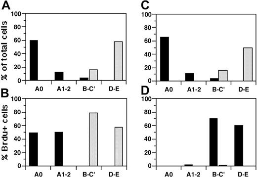 Figure 3. Incorporation of BrdU by culture-generated BM lymphoid cells stimulated or cross-stimulated in vitro with rIL-7 or scIL-7/HGFβ. BM cells from IL-7-/- mice were cultured in the presence of rIL-7 (10 ng/mL) or scIL-7/HGFβ (30 ng/mL) for 19 days. The cells were washed, cytokine-starved for 5 hours, stimulated with the homologous or heterologous cytokine for 3 hours, pulsed with BrdU, and stained with combinations of antibodies to B220, HSA, AA4.1, CD43, CD4, and BrdU. (A,C) Distribution early B-lineage subsets in each culture system. (B,D) Percentage of BrdU+ cells in each fraction of B-lineage cells. (A-B) ▪ indicates IL-7/HGFβ-generated cells stimulated with IL-7/HGFβ; ▦, IL-7-generated cells stimulated with IL-7. (C-D) ▪ indicates IL-7/HGFβ-generated cells stimulated with IL-7; ▦, IL-7-generated cells stimulated with IL-7/HGFβ. Means of duplicate samples are shown. Data are from 1 representative experiment of 2.