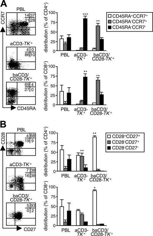 Figure 2. Costimulation through baCD3/CD28 generates TK+ human lymphocytes with a CM phenotype. At day 10, aCD3- or baCD3/CD28-TK+ lymphocytes were compared with the corresponding PBLs for memory phenotype. (A) After gating for CD3 in the case of PBLs and for LNGFR in the case of TK+ cells, cells were analyzed by flow cytometry for CD45RA and CCR7 expression (dot plots). Quadrants were set according to isotype-control staining. The inserts report the percentages of cells for each quadrant. Results with cells from one representative donor of 5 are shown. Averages ± SD of the relative distribution of CD45RA+CCR7+, CD45RA-CCR7+, or CD45RA-CCR7- cells are reported for CD4+ (top histograms) or for CD8+ cells (lbottom histograms) in PBLs, aCD3- or baCD3/CD28-TK+ lymphocytes. (B) Cells were also analyzed by flow cytometry for CD27 and CD28 expression (dot plots). Quadrants were set according to isotype-control staining. The inserts report the percentages of cells for each quadrant. Results with cells from one representative donor of 5 are shown. Averages ± SD of the relative distribution of CD28+CD27+, CD28-CD27+, or CD28-CD27- cells are reported for CD4+ (top histograms) or CD8+ cells (bottom histograms) in PBLs or saCD3- or baCD3/CD28-TK+ lymphocytes. Symbols overlying saCD3- or baCD3/CD28-TK+–related bars are for statistical comparison with the corresponding PBL-related bars (*P < .05; **P < .01; ***P < .005).