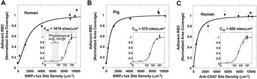 Figure 6. RBC adhesion is dependent on immobilized ligand density. Immobilized ligand density was varied to measure the effect on RBC adhesion in centrifugation. (A) Human RBCs adhere to human SIRPα1ex-coated wells with half-max adhesion at C50 = 1670 sites/μm2. Inset shows log scale with the average physiologic range of SIRPα1ex on various phagocytes, per Table 3. (B) Pig RBCs adhere to human SIRPα1ex-coated wells more tightly than human RBCs. (C) Human RBCs adhere more strongly to B6H12 antibody-coated wells than to human SIRPα1ex. Averages (± SEM) of % area covered by RBCs after centrifugation from multiple experiments are shown and the ligand density at half-maximal adhesion (C50) was determined by data fit. Note that SIRPα1 immobilized here prevents clustering and limits avidity effects, consistent with the low Hill coefficients. Error bars represent plus or minus 1 SEM from multiple experiments.