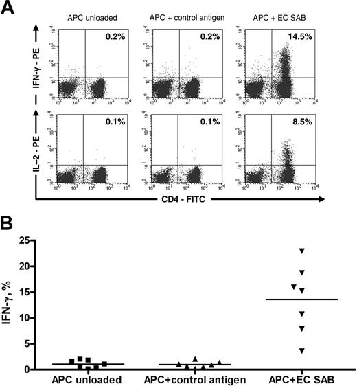 Figure 3. Functionally active anti-Aspergillus CD4+ T cells are enriched after selection and culture. (A) IFN-γ (top row) and IL-2 (bottom row) staining of anti-Aspergillus CD4+ lymphocytes from 1 donor. (B) Percentage of IFN-γ-positive anti-Aspergillus CD4+ lymphocytes from 7 of 7 different donors. Cells were stimulated with unloaded autologous APCs (first column) or autologous APCs prestimulated with either control antigen (tetanus toxoid; second column) or EC SAB (third column). The horizontal bars represent the mean.